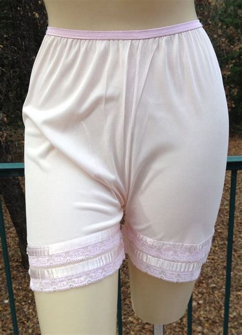 Offering A Vintage Pair Of Pink Nylon Long Leg Panties With Satin Lace And Sheer Bands At The