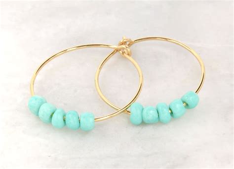 Inch Gold Hoop Earrings With Turquoise Beads Boho Jewelry Etsy
