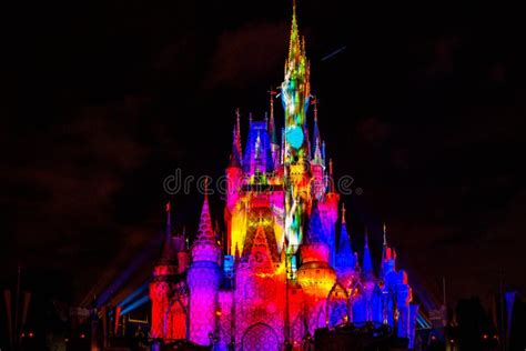 Illuminated And Colorful Cinderella Castle In One Upon A Time Show At