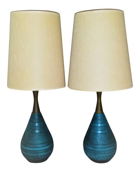 Mid Century Ceramic Turquoise Teak Lamps A Pair Chairish