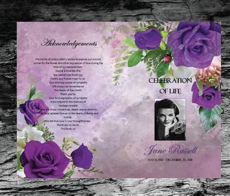 Funeral Program Template Violet Purple Roses Memorial Program