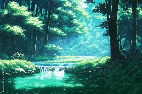 Forest Landscape With River In Anime Manga Style Ia Generative