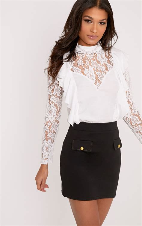 becki white ruffle lace sleeve high neck blouse prettylittlething usa