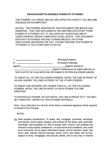 Massachusetts Durable Power Of Attorney Form Free Printable Legal Forms