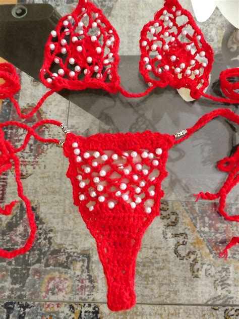 Red See Through Bikini Crochet Bikini Set Vstring Mesh Etsy Singapore