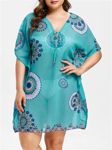 Lotus Print Plus Size Lace Up Cover Up Use Code：rgiwd With 25 Discount 3 8 Rosegal Women S Day