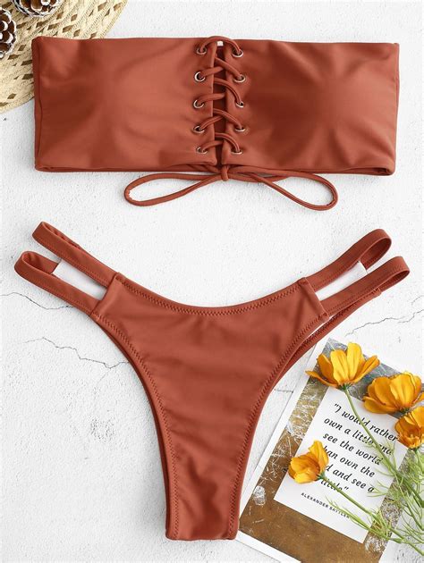 ZAFUL Lace Up Strapless Bikini Set CHESTNUT Sponsored Strapless