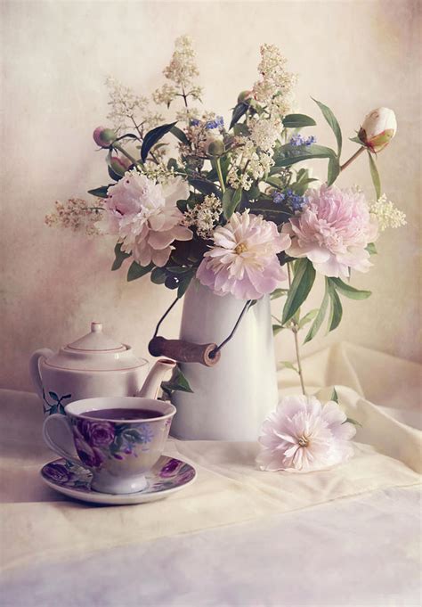 Still Life With Fresh Flowers And Tea Set Photograph By Jaroslaw