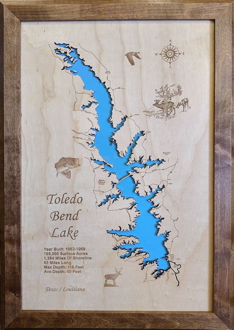 Toledo Bend Lake In Texas And Louisiana Framed Wood Map Wall Hanging