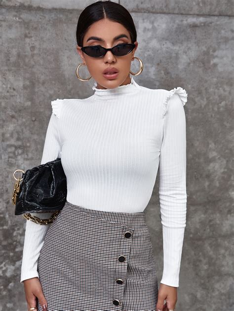 Frill Trim Rib-knit Solid Tee