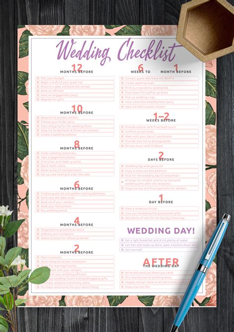 Each page is available in two versions: Download Printable Wedding Checklist PDF