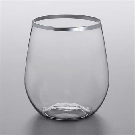 Visions 12 Oz Heavy Weight Clear Plastic Stemless Wine Glass With Silver Rim 16 Pack
