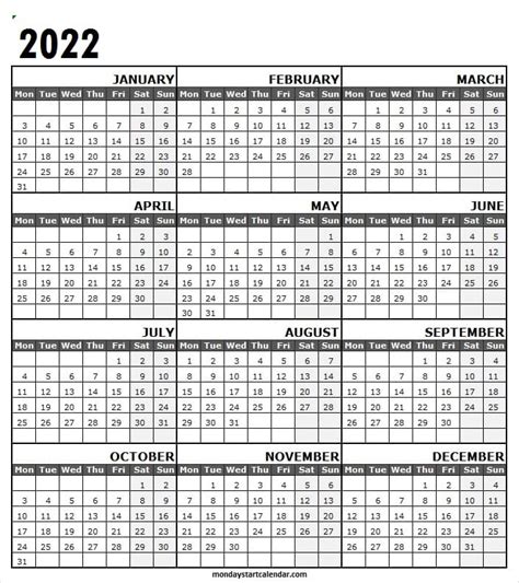 Monday Start 2022 Calendar Template Excel Jan To Dec Blank Calendar