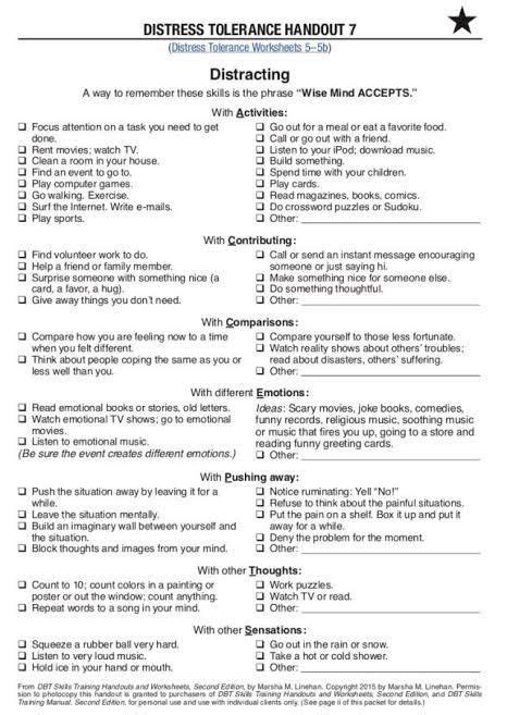 Dbt Dialetical Behavior Therapy Worksheet For Distress Tolerance Esp