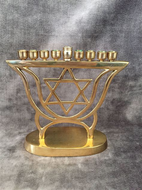 Vintage Brass Menorah W Star Of David Hanukkah Decor Etsy Star Of