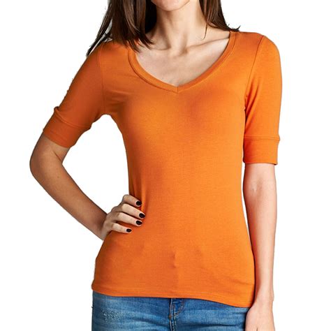 Women S Basic Elbow Sleeve V Neck Cotton T Shirt Plain Top Plus Size