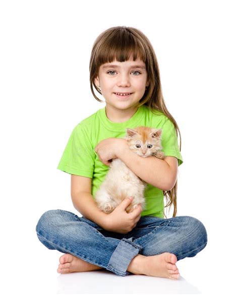 Little Girl Hugging Kitten Isolated On White Background Stock Image
