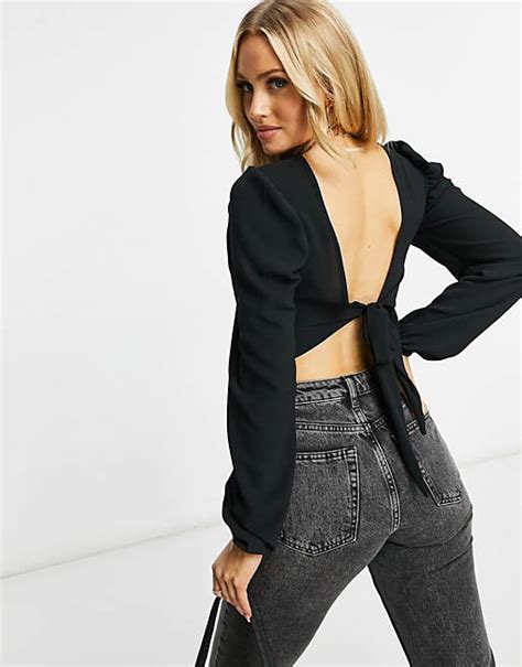 Missguided Tie Back Crop Top With Balloon Sleeve In Black Asos
