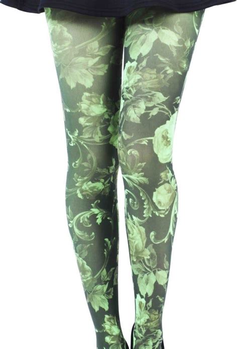 Green Floral Tights For Women Opaque Patterned Pantyhose Etsy