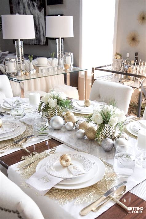 Last year i went with a very classic christmas decor theme by sticking to red, green, and white, while this year, i went with a completely different feel of blush pink, rose gold, and white. Elegant Gold And White Christmas Tablescape - Setting for Four