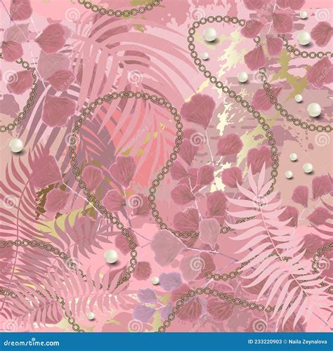 Rose Gold Seamless Pattern Beautiful Palm And Fern Leaves Marbl Stock