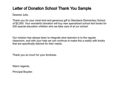 A timely thank you for donation letter demonstrates your dedication to the cause and shows gratitude for the help you've already received. letter donation school thank you sample letters for free ...