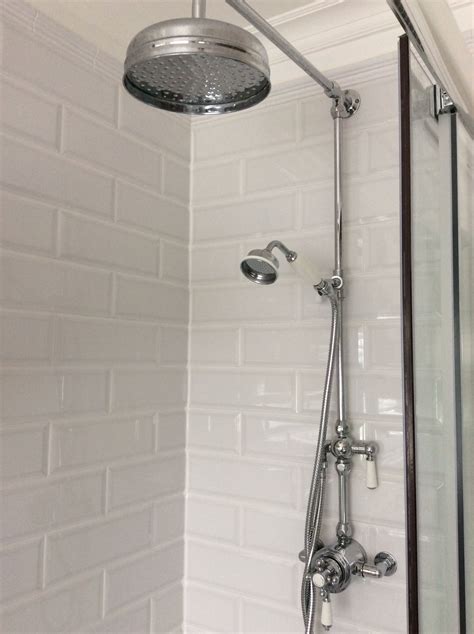 Traditional shower with metro tiles. Victorian, period style bathroom