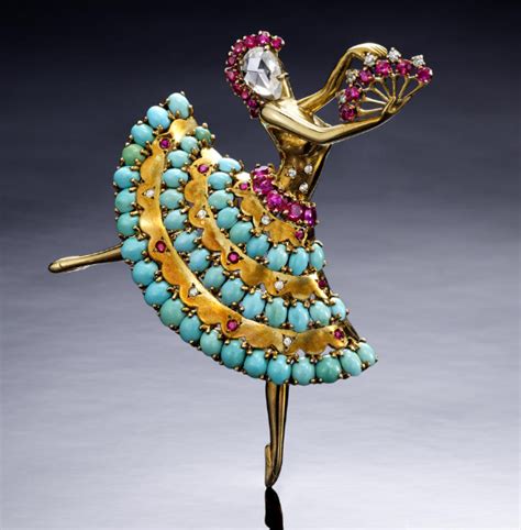 a diamond ruby and turquoise clip danseuse brooch van cleef and arpels 1943 designed as