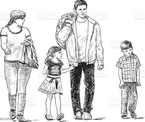 Ilustración De Dibujo De La Familia Paseando Y Más Vectores Libres De