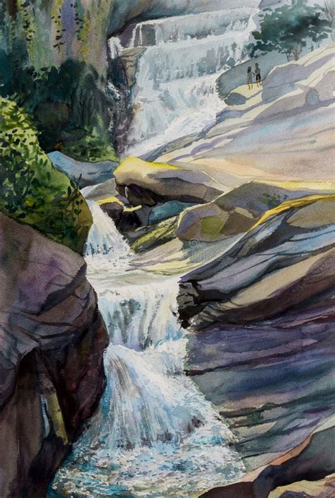 Watercolor Landscape Original Painting Colorful Of Waterfall Stock