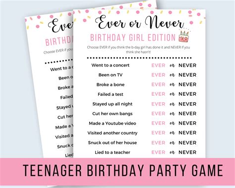 Teenager Birthday Party Game Ever Or Never Game Games For Etsy