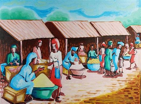 When considering how to draw a scenery, a fine artist can also apply the rule of abatement's diagonals. Market Scene Painting by Olawale Babatunde