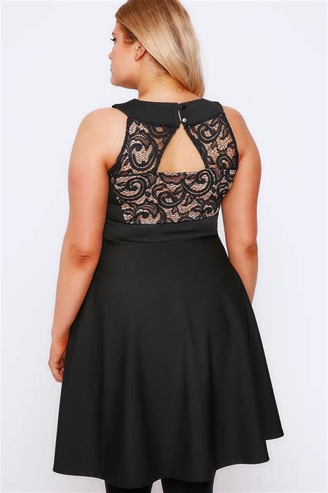 Black Nude Lace Panel Skater Dress Plus Size 16 To 32