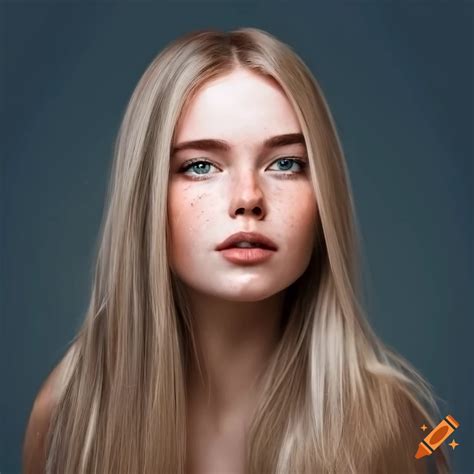 Beautiful Young Woman Shoulder Length Blonde Hair Very Light Freckles