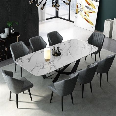 Modern Stylish 79 Rectangle White Faux Marble Top Dining Table In Large