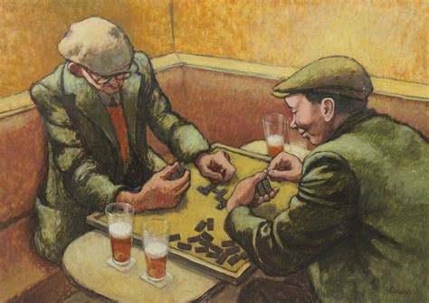 Men Playing Dominos In A Bar 21 X 29 Inches Painting By Norman Cornish