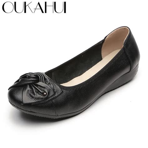 Oukahui Summer Classic Ballet Flats Shoes Women Genuine Leather Bowknot