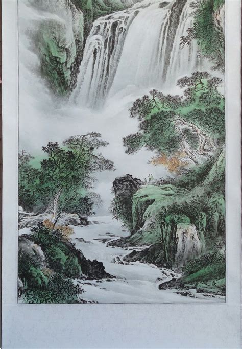 Chinese Hand Painted Mountain And Waterfall Scenery Hanging