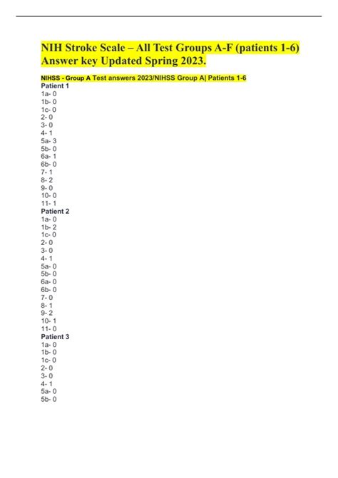 NIH Stroke Scale – All Test Groups A-F (patients 1-6) Answer key