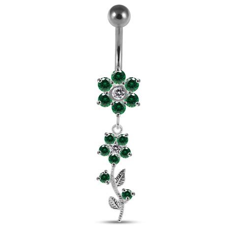 Double Flower Belly Ring Navel Ring Dangle Belly Button Etsy