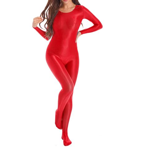 womens solid color smooth long sleeve bodystocking nightwear solid color round neck sexy