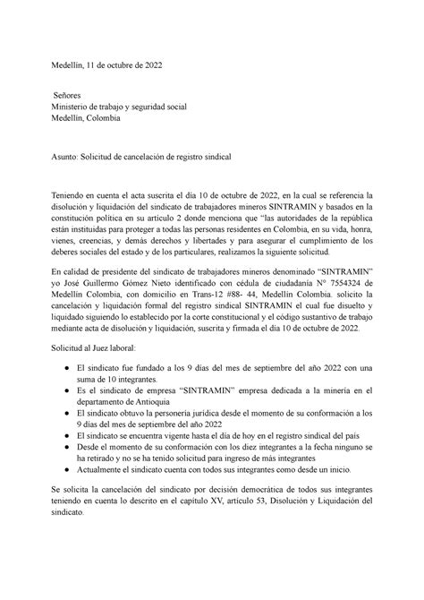 Solicitud De Cancelacion Sindical Medellín 11 De Octubre De 2022
