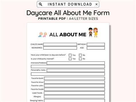 Daycare All About Me Form Daycare Questionnaire Get To - Etsy México
