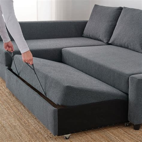 Just remove the cushions and pull. FRIHETEN Hyllie dark grey, Corner sofa-bed with storage - IKEA