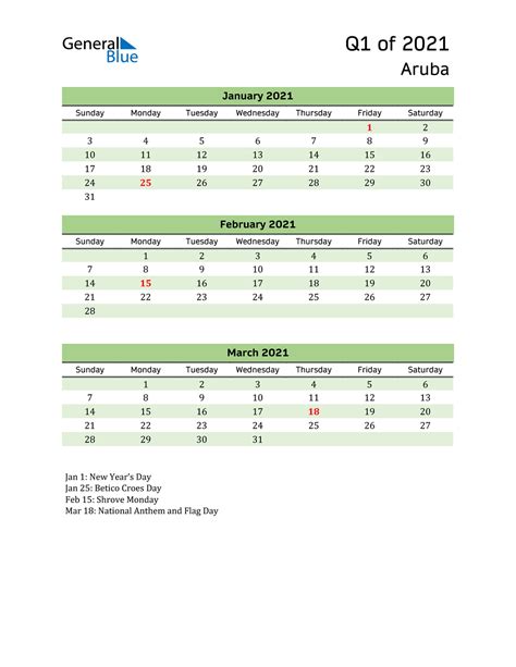 Q1 2021 Quarterly Calendar For Aruba