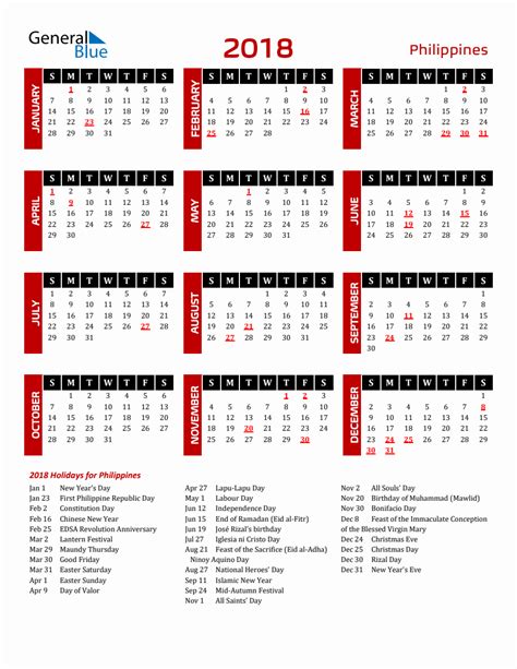 Philippines 2018 Yearly Calendar Downloadable