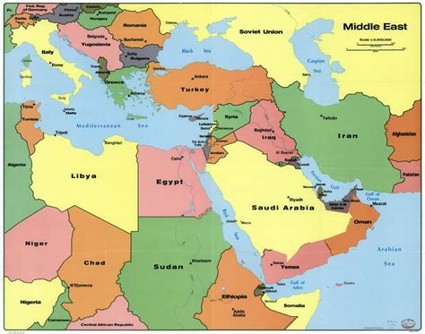 Mapa Político A Gran Escala De Oriente Medio Con Capitales 1990