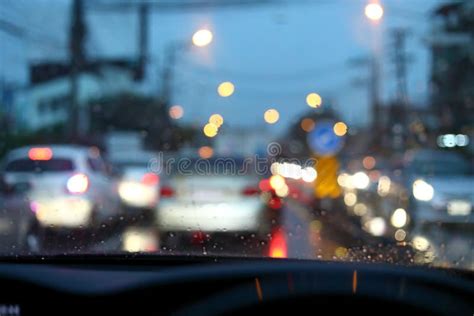 Traffic Jam On Night Road City With Storm Rainy Day Weather Car