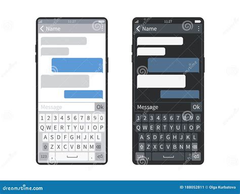 smartphone chat screen mobile device keyboard with messaging app bubbles or message clouds