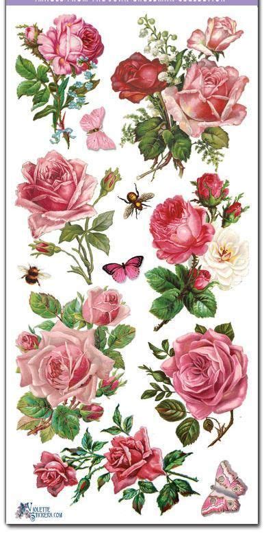 Bright Pink Roses Victorian Floral 2 Sheets Of Stickers Flower Art